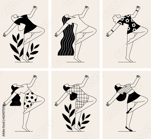 Dancing women vector outline illustration set. Diversity girls in dance poses. People in motion clipart
