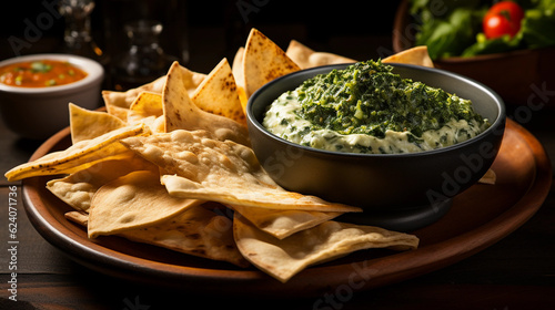 A bowl of creamy and cheesy spinach artichoke dip, served with crispy tortilla chips