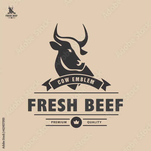 Cow head logo design, Cow head silhouette emblem logo label. Custom logo. Elegant logo symbol design illustration vector for company.