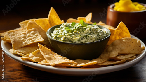 A bowl of creamy and cheesy spinach artichoke dip, served with crispy tortilla chips