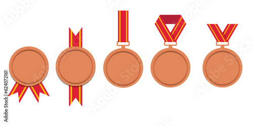 Set of bronze medals. Champion winner award medal. Honor badges flat isolated vector set. Vector set of bronze award and medal trophy illustration 10 eps.