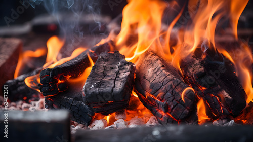 Closeup of burning coals from a fire, barbeque fire grilling campfire barbecue background