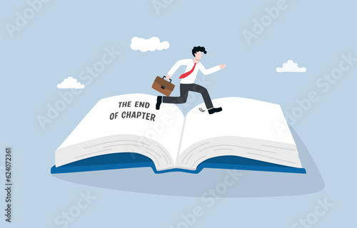 Next chapter of business, stepping up to new challenge, change concept, Businessman jumping to next page as new chapter.