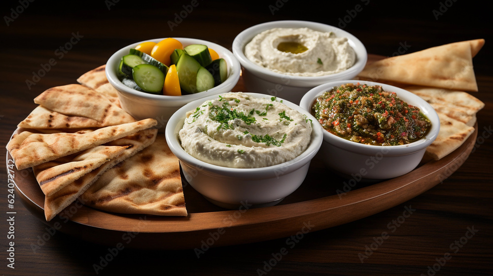 A platter of assorted Mediterranean dips, including hummus, baba ganoush, and tzatziki, served with pita bread A platter of assorted Mediterranean dips, including hummus, baba ganoush, and tzatziki, served with pita bread