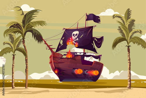 Pirate Ship and Galleon at a beach with sky and sea background