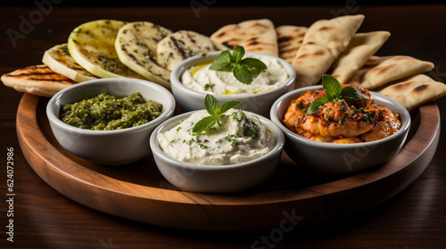 A platter of assorted Mediterranean dips, including hummus, baba ganoush, and tzatziki, served with pita bread