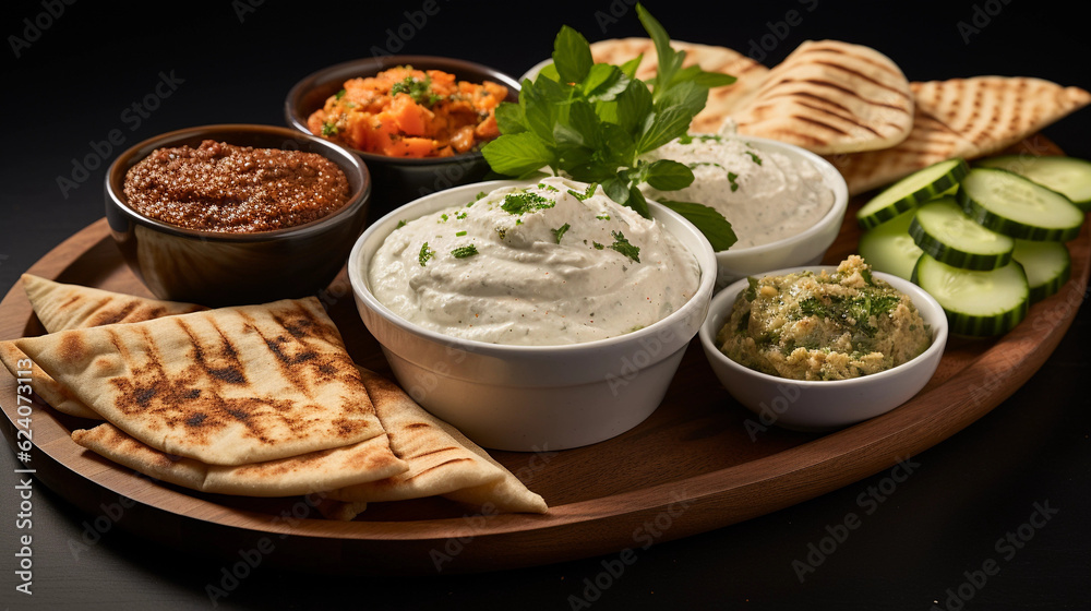 A platter of assorted Mediterranean dips, including hummus, baba ganoush, and tzatziki, served with pita bread A platter of assorted Mediterranean dips, including hummus, baba ganoush, and tzatziki, served with pita bread