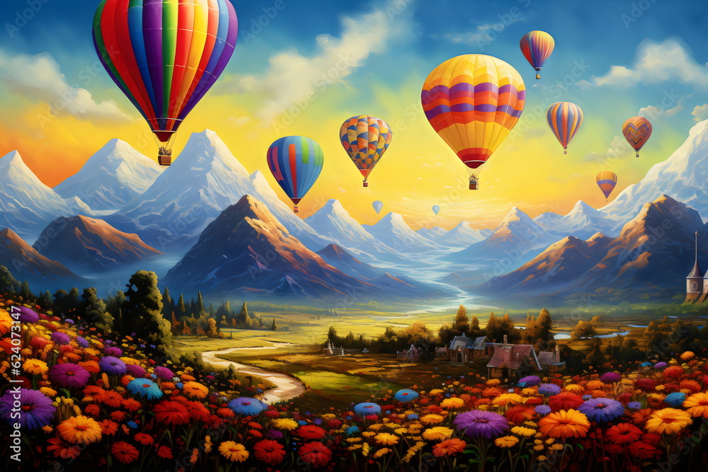 Obraz premium mountain landscape with colorful hot air balloons and flowers illustration made with generative ai