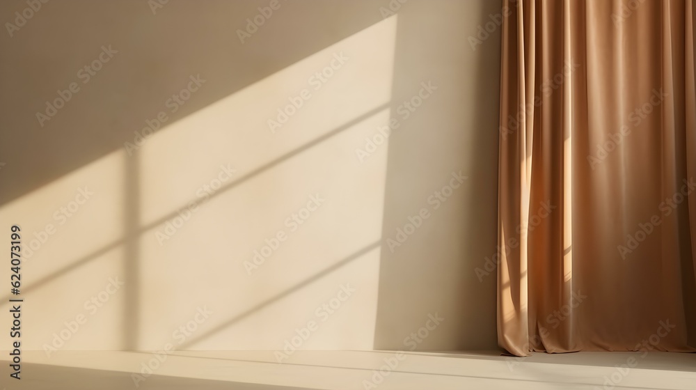 Elegant Room with Curtains in light brown Colors and Shadow of Windows. Studio Background for Product Presentation.
Elegant Room with Curtains in light brown Colors and Shadow of Windows. Studio Background for Product Presentation.