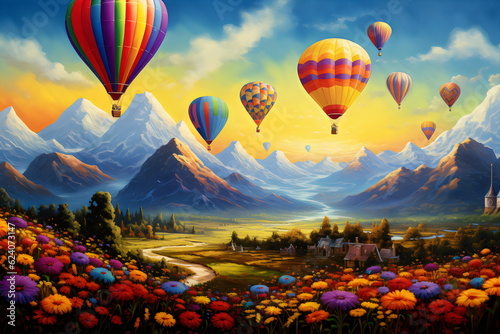 mountain landscape with colorful hot air balloons and flowers illustration made with generative ai
