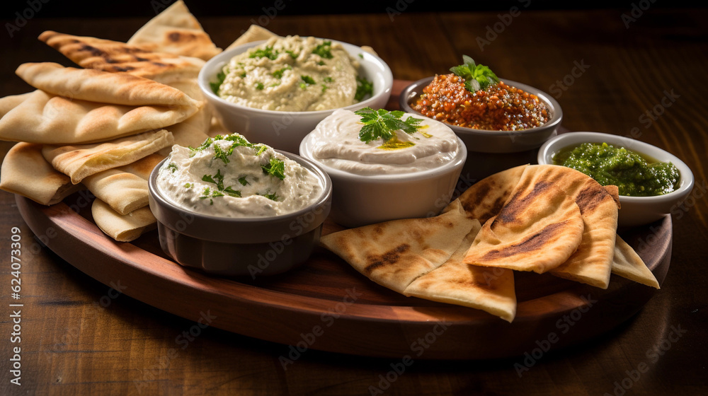 A platter of assorted Mediterranean dips, including hummus, baba ganoush, and tzatziki, served with pita bread A platter of assorted Mediterranean dips, including hummus, baba ganoush, and tzatziki, served with pita bread