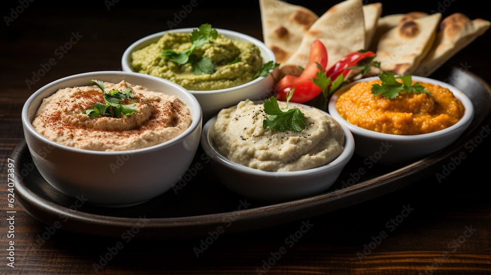 A platter of assorted Mediterranean dips, including hummus, baba ganoush, and tzatziki, served with pita bread