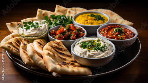 A platter of assorted Mediterranean dips, including hummus, baba ganoush, and tzatziki, served with pita bread