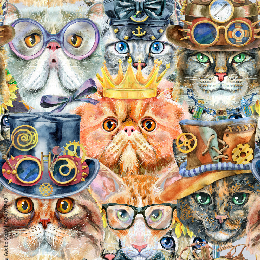 Seamless pattern of cats with various accessories. Watercolor hand drawn illustration