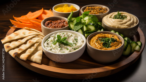 A platter of assorted Mediterranean dips  including hummus  baba ganoush  and tzatziki  served with pita bread