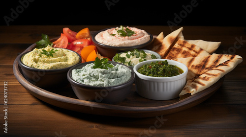 A platter of assorted Mediterranean dips, including hummus, baba ganoush, and tzatziki, served with pita bread