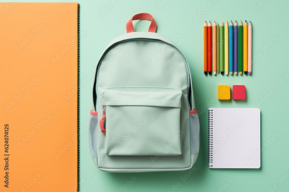school backpack with pencils and supplies on a green background, Generative AI - obrazy, fototapety, plakaty 