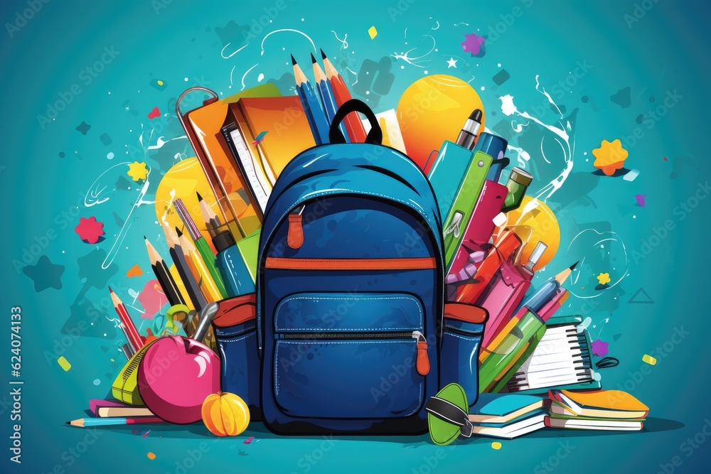 school backpack with pencils, books and supplies on a blue background, Generative AI