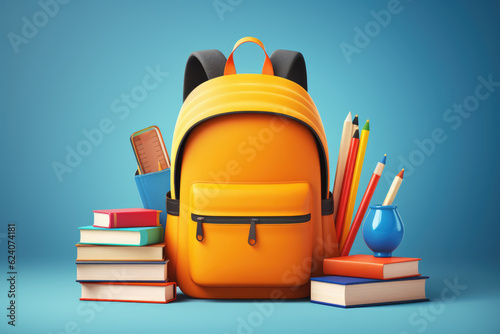 school backpack with pencils, books and supplies on a blue background, Generative AI