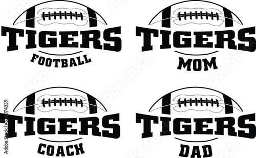 Football - Tigers is a sports team design that includes text with the team name and a football graphic. Great for Tigers t-shirts, mugs, advertising and promotions for teams or schools.