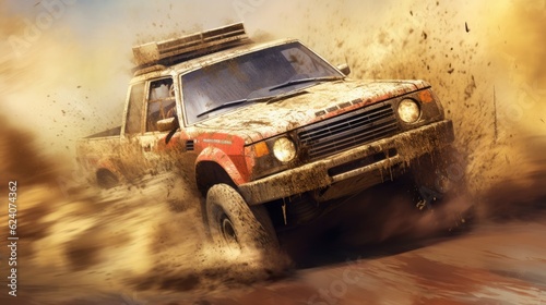 A SUV racing down a muddy dirt race track spraying mud everywhere. Generative AI