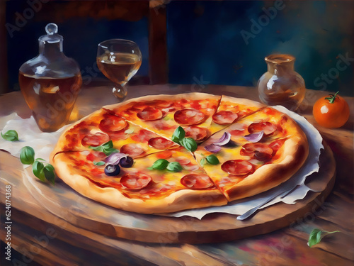 Big apetite traditional pizza. Impressionism style oil painting. Generative AI. photo