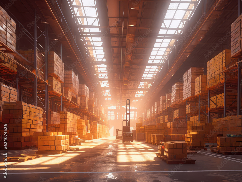 Some goods are placed on shelves in a large warehouse Some goods are placed on shelves in a large warehouse