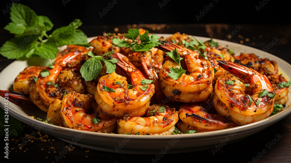 A plate of succulent and tender grilled shrimp skewers, seasoned with herbs and spices A plate of succulent and tender grilled shrimp skewers, seasoned with herbs and spices