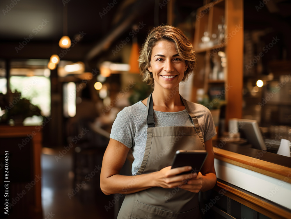 Portrait of happy woman standing at doorway of her store. Cheerful mature waitress waiting for clients at coffee shop with didital tablet. Successful small business owner Generative ai