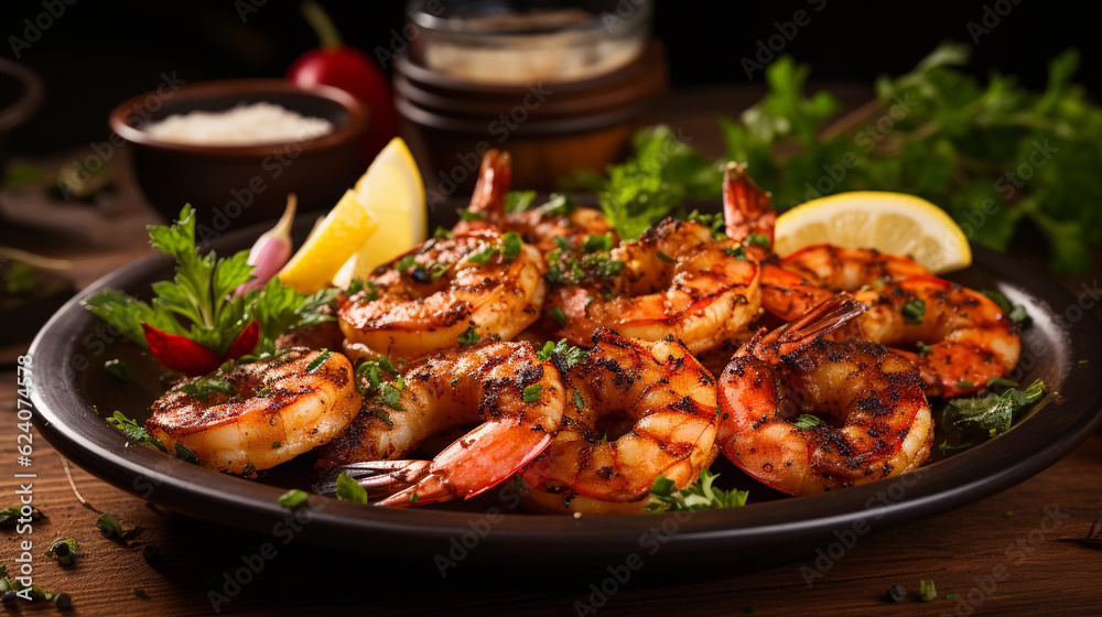 A plate of succulent and tender grilled shrimp skewers, seasoned with herbs and spices A plate of succulent and tender grilled shrimp skewers, seasoned with herbs and spices