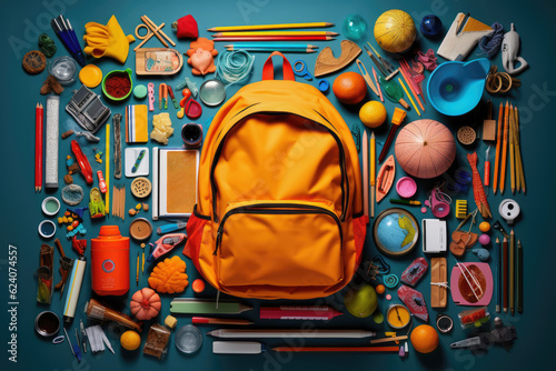 school backpack with various accessories on a blue background, Generative AI