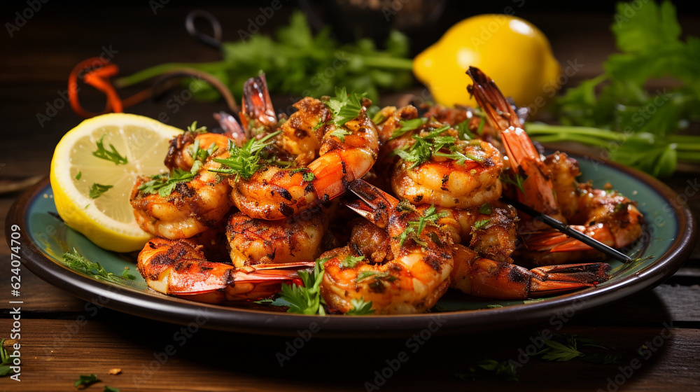 A plate of succulent and tender grilled shrimp skewers, seasoned with herbs and spices