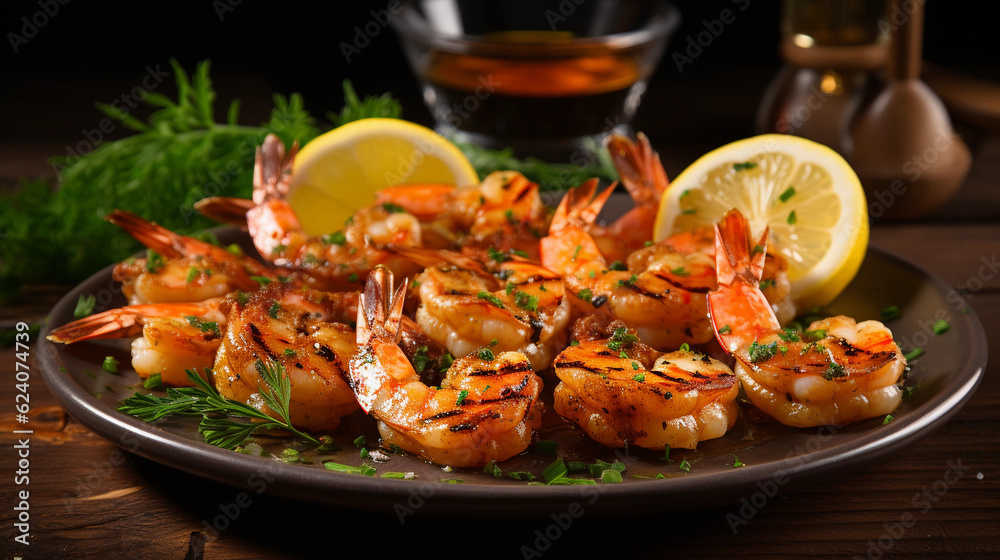 A plate of succulent and tender grilled shrimp skewers, seasoned with herbs and spices