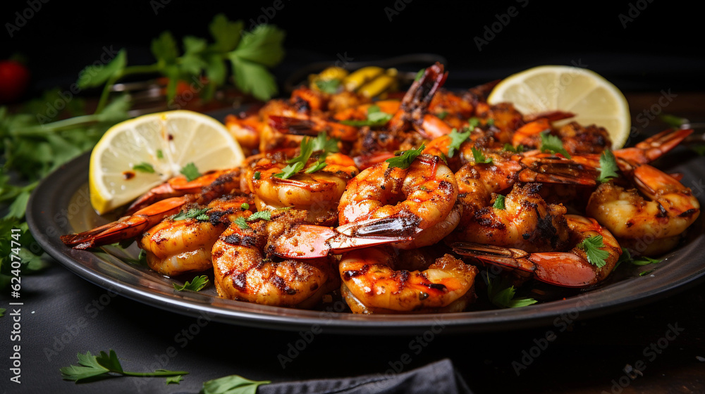 A plate of succulent and tender grilled shrimp skewers, seasoned with herbs and spices A plate of succulent and tender grilled shrimp skewers, seasoned with herbs and spices