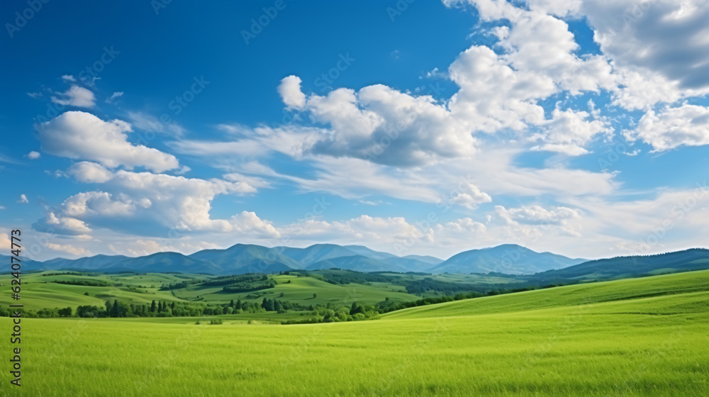 Beautiful panoramic natural landscape of a green field with grass against a blue sky with sun