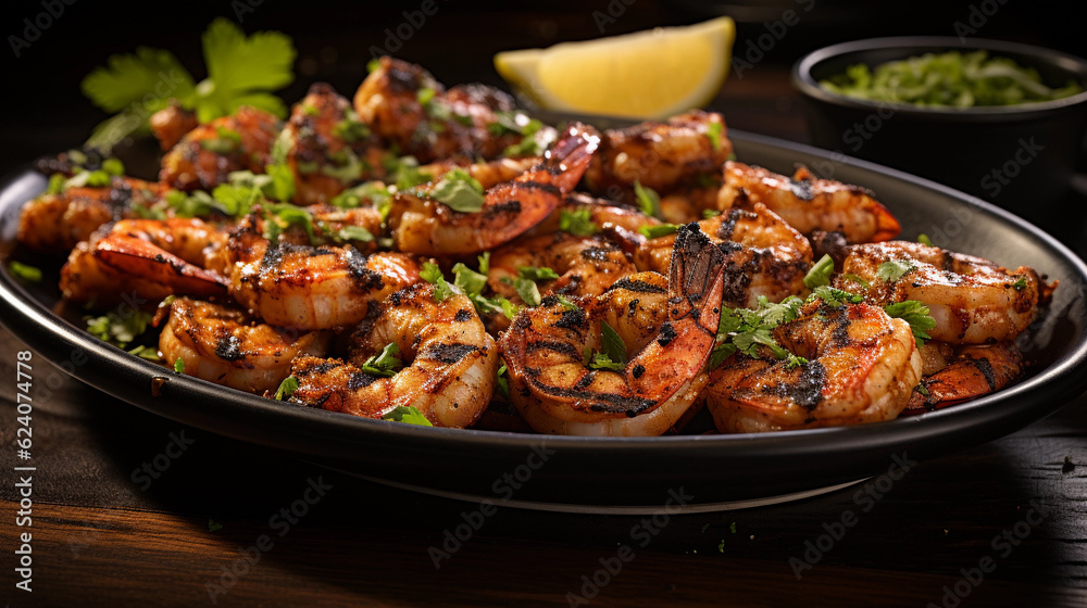 A plate of succulent and tender grilled shrimp skewers, seasoned with herbs and spices A plate of succulent and tender grilled shrimp skewers, seasoned with herbs and spices
