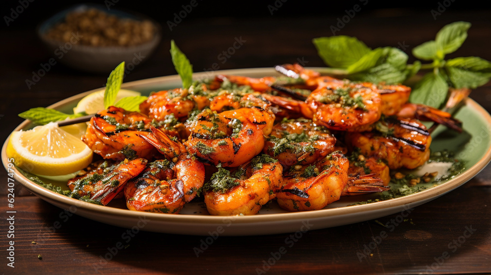 A plate of succulent and tender grilled shrimp skewers, seasoned with herbs and spices A plate of succulent and tender grilled shrimp skewers, seasoned with herbs and spices