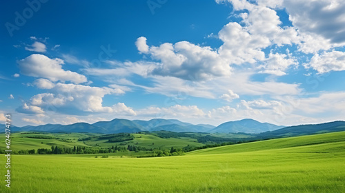 Beautiful panoramic natural landscape of a green field with grass against a blue sky with sun © bornmedia