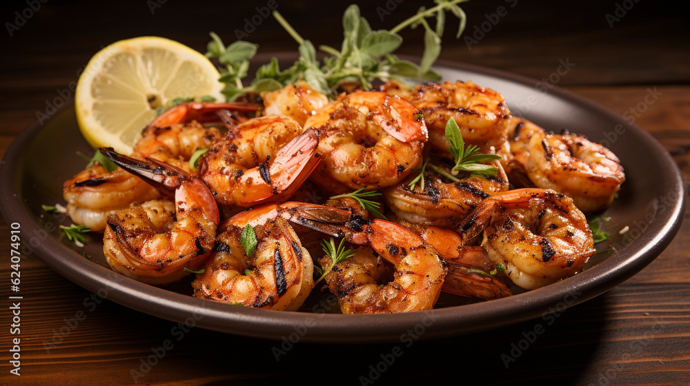 A plate of succulent and tender grilled shrimp skewers, seasoned with herbs and spices