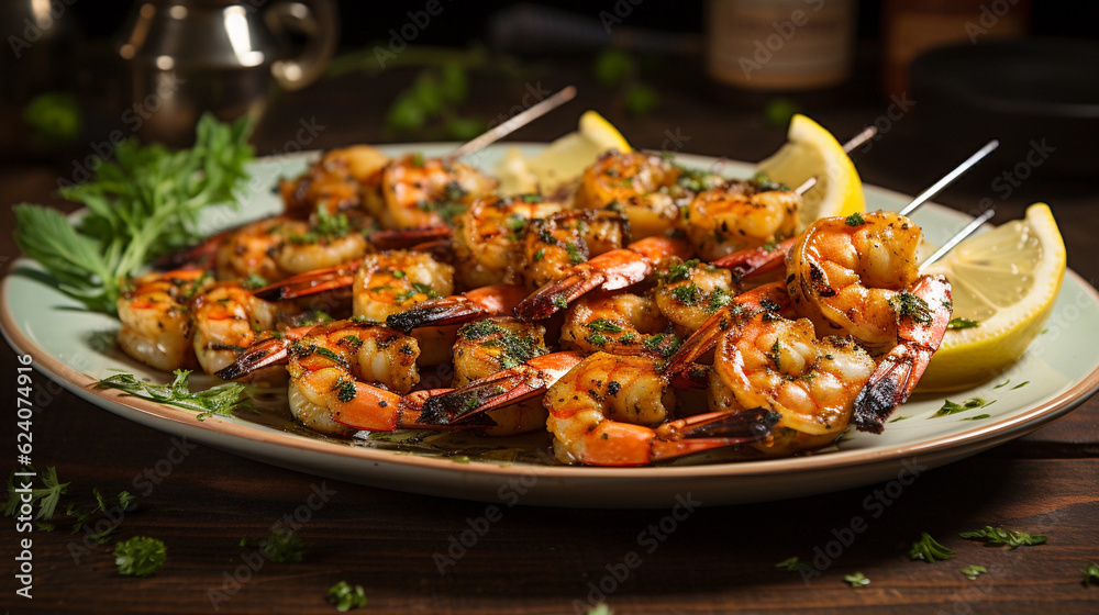 A plate of succulent and tender grilled shrimp skewers, seasoned with herbs and spices A plate of succulent and tender grilled shrimp skewers, seasoned with herbs and spices