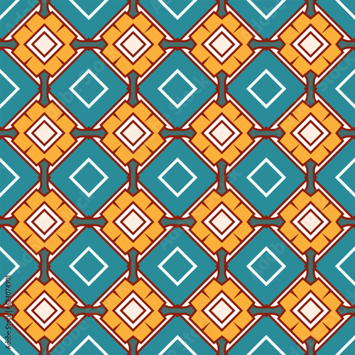 Blue geometric seamless pattern with yellow decorative elements. Vector illustration