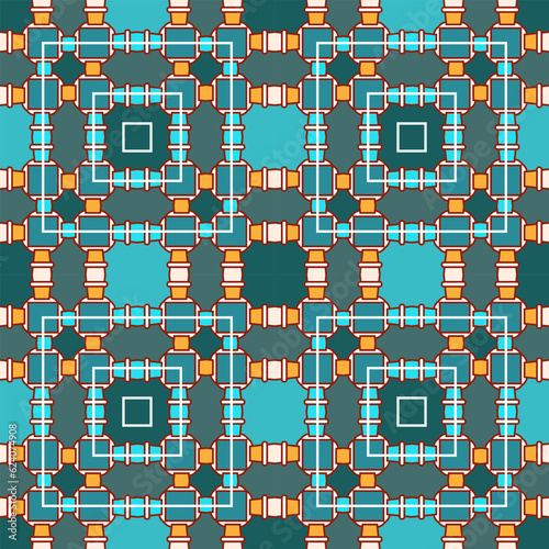 Seamless geometric ornament in a blue color palette with yellow splashes. Vector illustration
