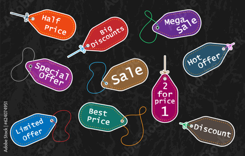 10 labels with inscriptions - sale, discount, special offer, best price, half price, 2 for price 1 and more. Icons, signs, symbols on a dark background. Vector set
