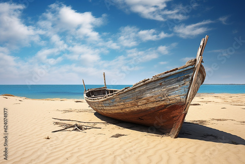 old fisherman boat isolated on sandy beach. High quality photo
