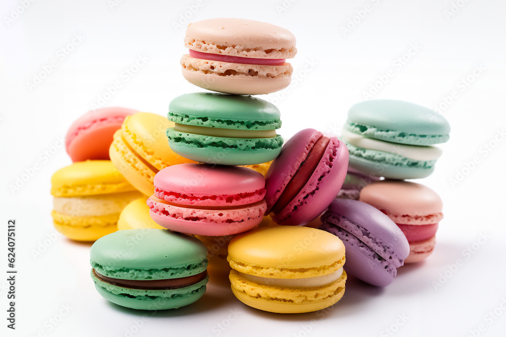 Isolated image of meringue macarons cookies on a white background close-up. Generative AI illustration