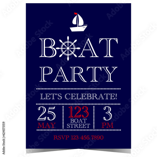 Boat party invitation banner, poster, leaflet or flyer to celebrate the start of the sunshine summer, exotic vacation season, riding a sailing yacht on the waves of the sea or lake water surface.