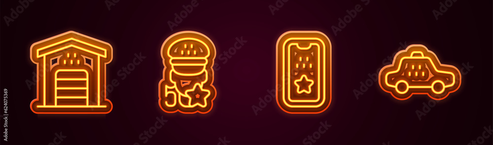 Set line Garage for taxi car, Taxi service rating, mobile app and . Glowing neon icon. Vector
