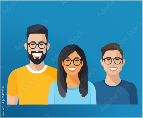 Group of 3 smiling people dressed casually welcoming a colleague to the team. Cartoon colorful illustration of positive men and a woman greeting guests at the reception