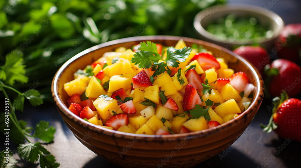 A bowl of refreshing and colorful fruit salsa, featuring diced mango, pineapple, and strawberries A bowl of refreshing and colorful fruit salsa, featuring diced mango, pineapple, and strawberries