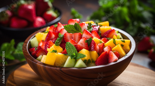 A bowl of refreshing and colorful fruit salsa, featuring diced mango, pineapple, and strawberries